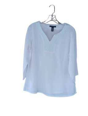 Apostrophe White Split Neck Beaded & Embroidered Linen Tunic Large